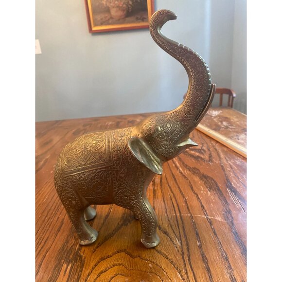Vintage Brass Elephant Statue With Intricate Carvings & Raised Trunk Decorative - Picture 1 of 8
